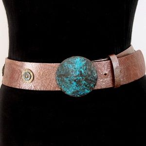 1990s vintage Italian  leather belt ceinture cuir round copper buckle Size 85 M